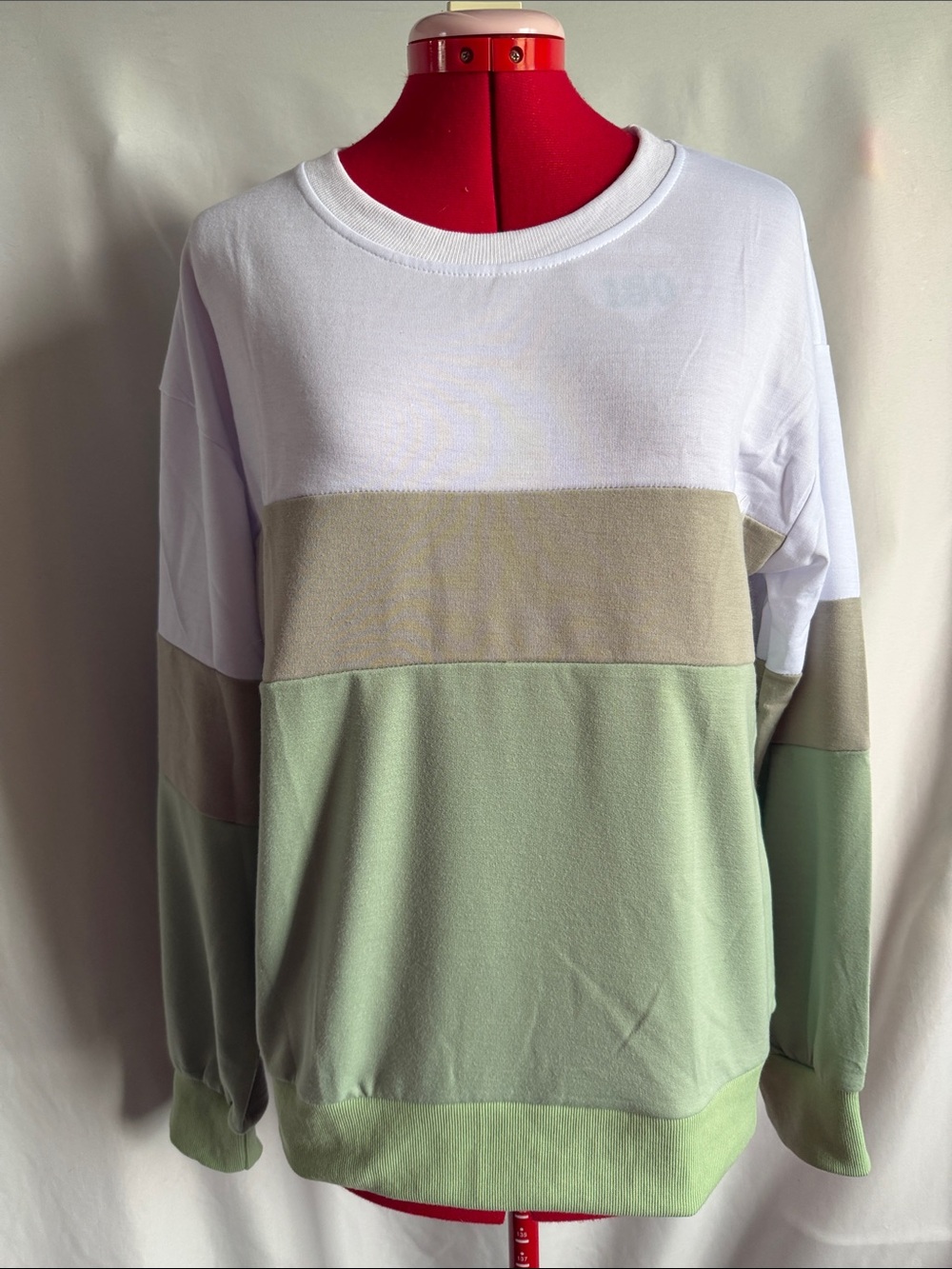 Block-Stripe Crewneck Sweater in White, Sage & Taupe